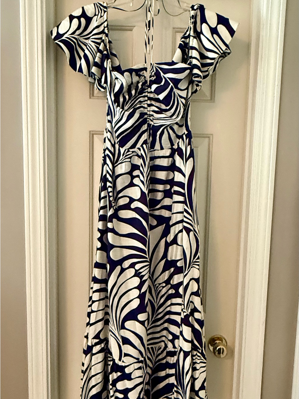 Lucy Paris Navy And White Leaf-Print Midi Dress With Ruffle Sleeves